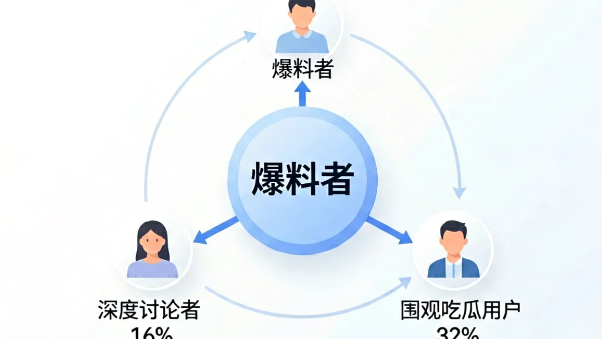 黑料社用户群体构成示意图，展示爆料者、讨论者与围观者三类用户在社区中的互动关系